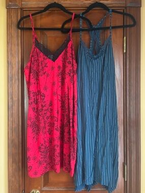 Bundle of 2 Soma Red Floral Nightie and Blue Striped Lace-Back Nightdress